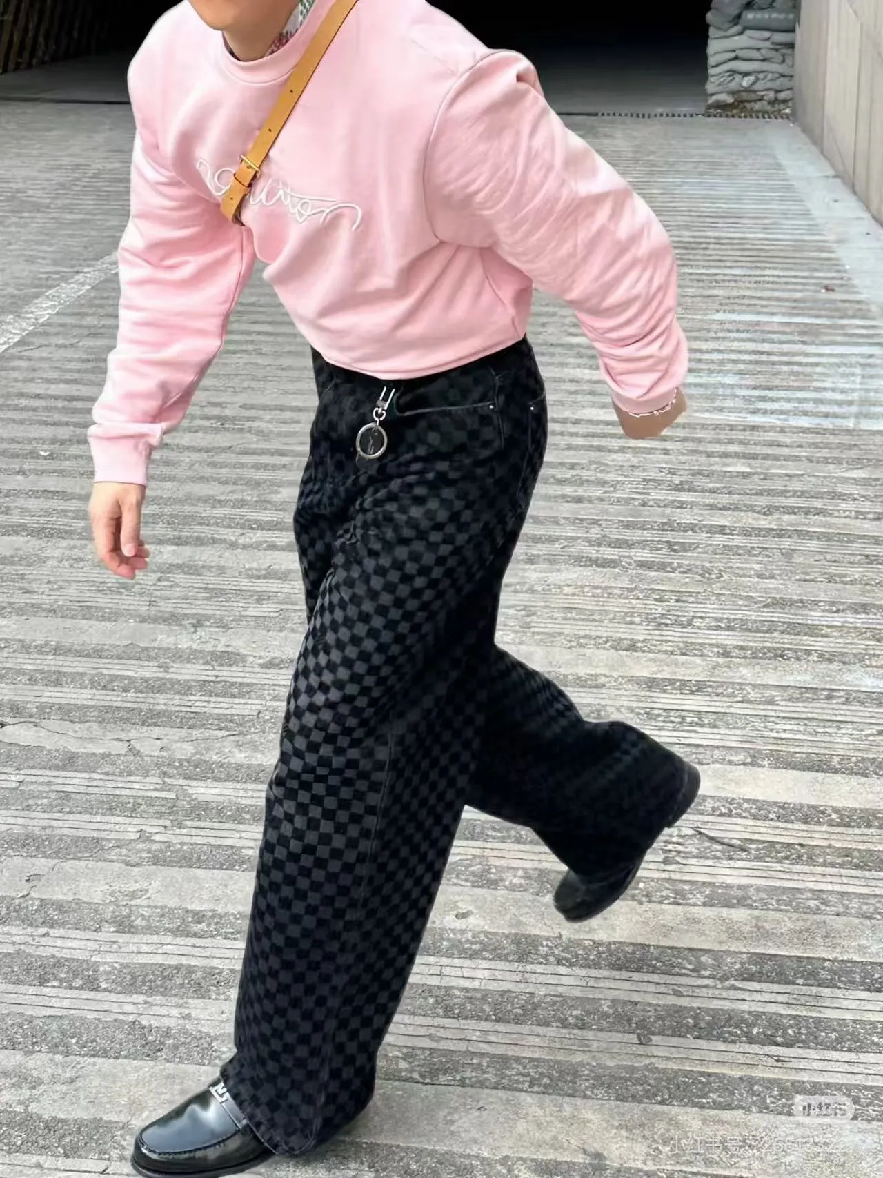 Louis Vuitton/Louis Vuitton mosaic flocking checkerboard patchwork jeans